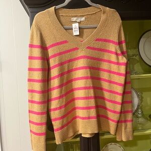 LOFT V-Neck Sweater in Tan and Pink Stripes